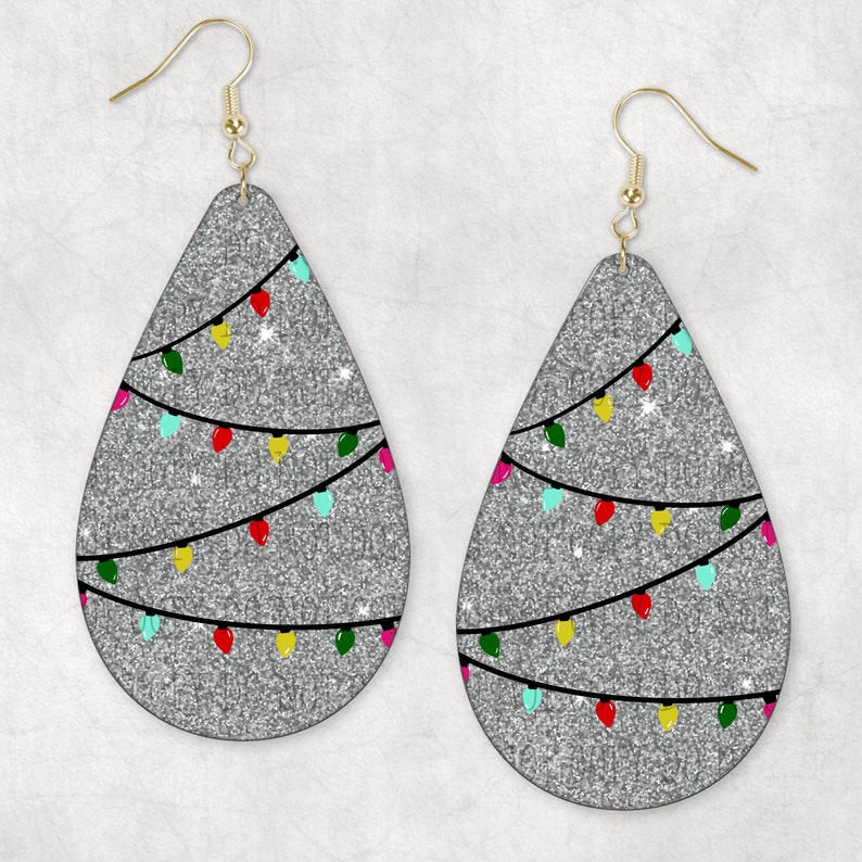 Silver Glitter Christmas Lights Teardrop Earrings Sublimation Etsy