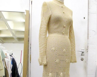 Ivory Croche Wedding DRESS 1960's Sally Levison -Mary Farrin- Designer Vintage Knitwear Boho See-Through Swirl uk 10-12 Cream Rare find