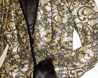HAUTE COUTURE Gold and Black Lame Velvet Mink Lace Suit 1980s Vintage Small Jacket Skirt and Turbant Alta Costura Jackie O style