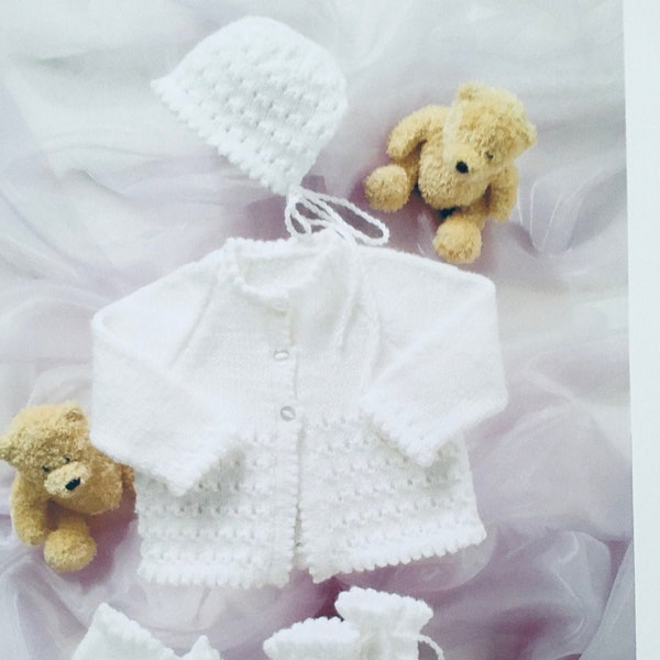 Baby knitting pattern. Cardigan, Hat, Bootees & Mittens. DK pattern. Sizes Prem - 6 mths. Pram set. Baby shower gift.