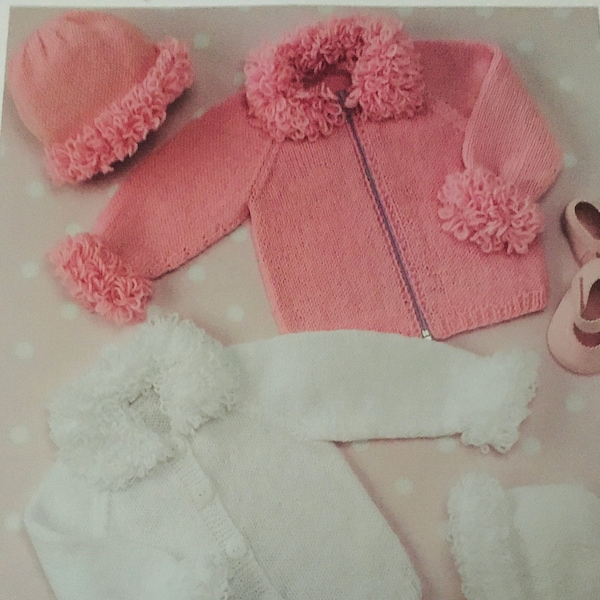 Baby knitting pattern for Cardigan, Hat & Bonnet. DK pattern. Cardigan pattern, Hat pattern, bonnet pattern. Size 3 mths to 6 yrs.