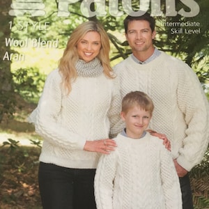 Family knitting patterns Aran Sweaters Pattern. Matching Sweaters Sizes 24” - 42"