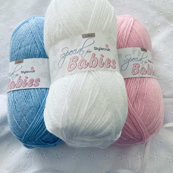 Stylecraft Special Baby 4ply yarn. 100g balls. White. Baby Pink. Baby blue. For knitting & Crochet. Acrylic Baby yarn.