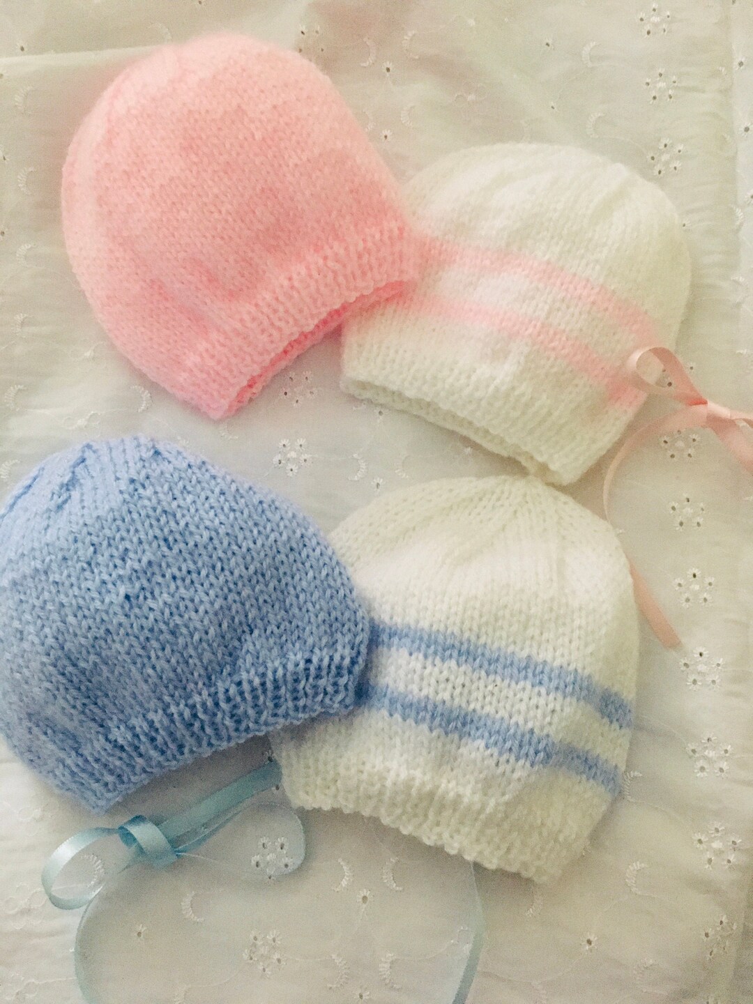 2 X Hand Knitted Baby Hats for Premature Baby. Set of 2 Hats. Fits 3lb
