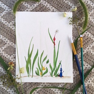 Tiny Aliens and Tall Grass Original Watercolor - 8x10 Character Artwork - Red Yellow Blue Critters