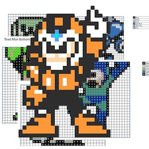 May include: Pixel art pattern of a video game character, Toad Man, from the Mega Man series. The character is orange, black, and blue. The pattern is on a grid with color keys.