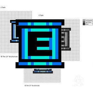 Pode incluir: Um design de pixel art da letra "E" em preto, azul claro e turquesa. O design está em um fundo de grade e rotulado como "E Tank".