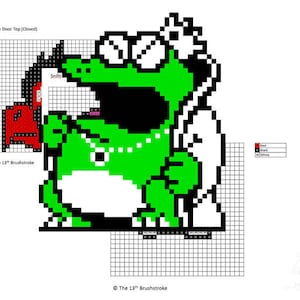 May include: A pixel art design of a green crocodile with black eyes and a white background. The crocodile is wearing a white necklace with a green jewel. The design is on a grid with red, black, and white squares.