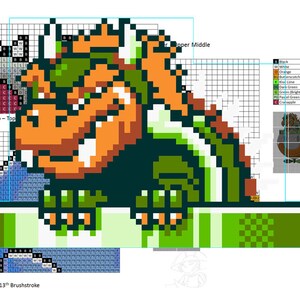 May include: A pixel art pattern of a green and orange character with a spiky shell. The character is standing on a green and white platform. The pattern is made up of small squares, each of which is a different color. The pattern is labeled "The 13th Brushstroke".