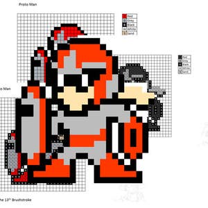 Könnte beinhalten: Pixel-Art eines Robotercharakters namens Proto Man. Der Roboter ist rot, grau und schwarz. Der Roboter hält eine Waffe in seiner rechten Hand. Der Roboter steht auf einem Gitter.