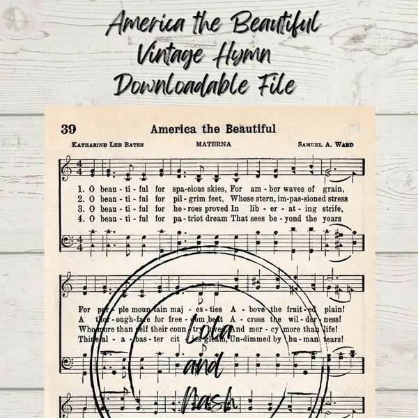 Hymn music sheet printable America the Beautiful hymnal for crafting music sheet Fourth of July printable hymn
