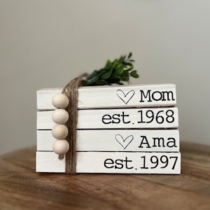 Mother&#39;s Day personalized gift for Mom and Mimi, book stack, stamped books, decorative books, shelf decor, farmhouse books, Nana, Grammy