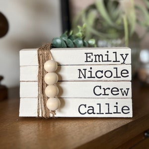 Mother’s Day gift, personalized stamped books with names, decorative books, book stack, farmhouse decor, decorative book set