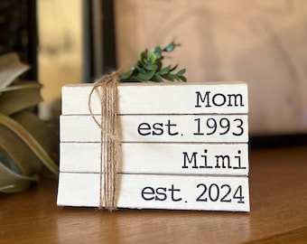 Gift for Mom and Mimi customized name and date book stack stamped books decorative books decor farmhouse books neutral, Nana, Grammy, Mawmaw