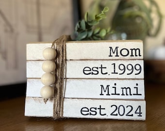Personalized Mothers Day gift for Mom and Mimi book stack, stamped decorative books, farmhouse decor, farmhouse books, Nana, Grammy, Mawmaw