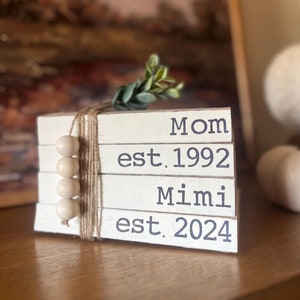 Mom and Grammy book stack, stamped books, decorative books, shelf decor, farmhouse decor, farmhouse books, neutral books, Nana, Mimi, Mawmaw