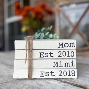 Mom and Nana book stack, stamped books, decorative books, shelf decor, farmhouse decor, farmhouse books, neutral books, Mimi, Grammy, Mawmaw