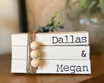 Farmhouse stamped books with names, family name books on spine, personalized stamped books, unique bookshelf decor, Mom birthday, mother day