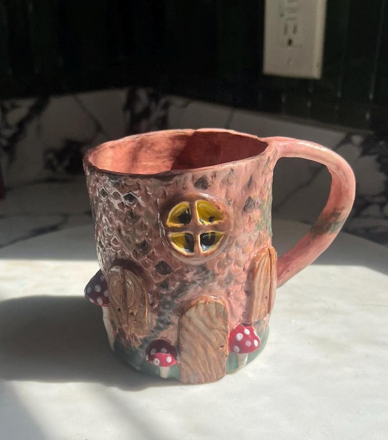 Handmade Ceramic Fairy Cottage Mug, Pink Mushroom House, Whimsical ...
