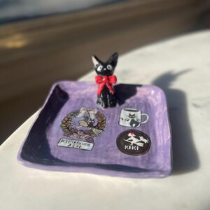 Handmade Lavender Trinket Tray, Black Cat Collector Dish, Anime Decor Catchall, Whimsical Ceramic Ring Tray