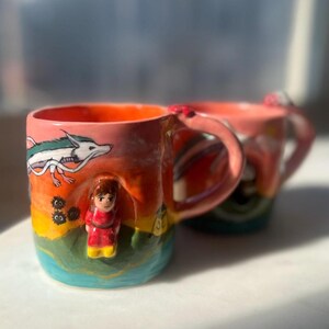 Handgjord keramisk mugg, japansk fantasikonst, animedekor kaffekopp, solnedgångssaga i keramik