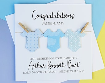 Personalised new baby boy card, Handmade baby boy card featuring baby grow, bodysuit, baby vest, Congratulations card, Blue baby son card