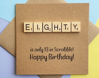 80th birthday card, Eightieth Scrabble card, Handmade eighty wooden alphabet Scrabble tiles card, Funny Happy Birthday age card