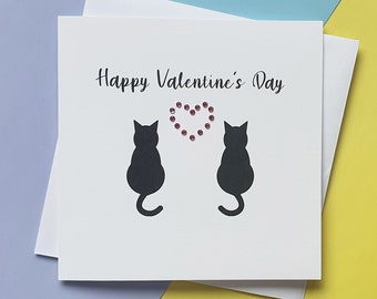 Cats Valentine's Day card, Handmade Valentine's Day card for cat lover, Card for wife, girlfriend, husband or boyfriend, Gem colour choice,