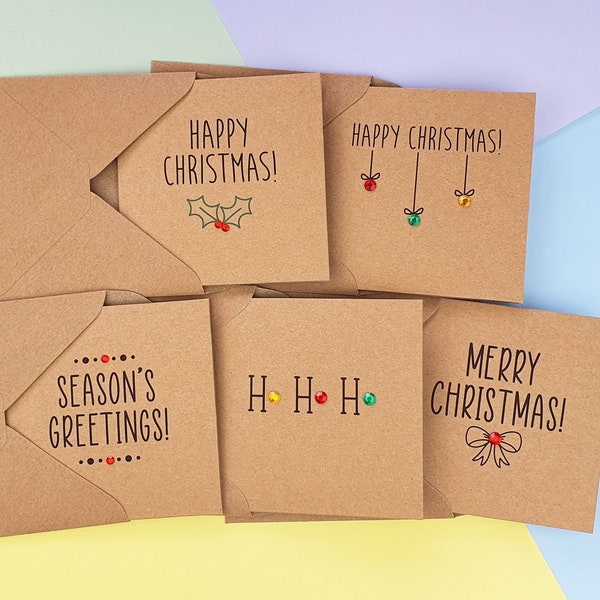 Pack of 5 Cute Christmas cards with gems, Modern Kraft Merry Christmas cards, Holly and berries, Baubles, Gold, Red and Green sweet cards