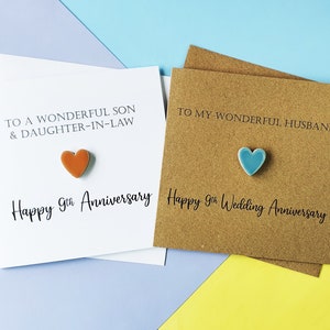 9th anniversary card, Pottery wedding anniversary card, Handmade anniversary card for a couple with ceramic heart, Card for wife, husband