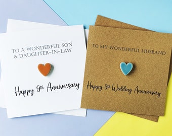 9th anniversary card, Pottery wedding anniversary card, Handmade anniversary card for a couple with ceramic heart, Card for wife, husband