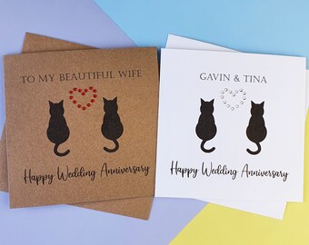Cat anniversary card for couple, Handmade anniversary card, Congratulations card, Customise colour, name, date, Purr-fect pun card