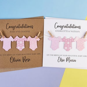 Personalised new baby girl card, Handmade baby girl card featuring baby grow, bodysuit, baby vest, Congratulations card, Pink baby girl card