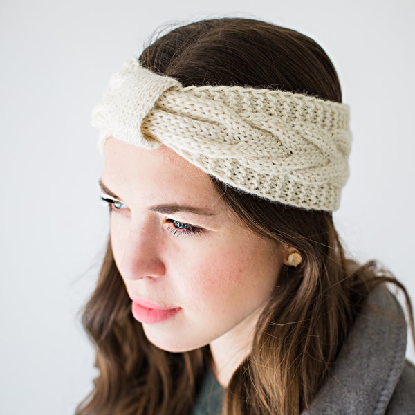 100% Alpaca Knit Head Ear Warmer - Winter Luxury Handmade Knitted Headband - Pearl Grey & White, Black, Ivory Cream