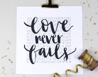 Love Never Fails (1 Corinthians 13) Print - Scripture Print - Christian Gift - Wedding Gift - Square Monochrome Print