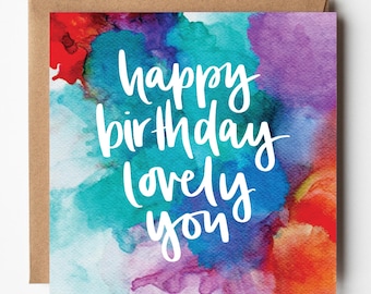 Watercolor Happy Birthday Card, Colorful Hand-Lettered Design