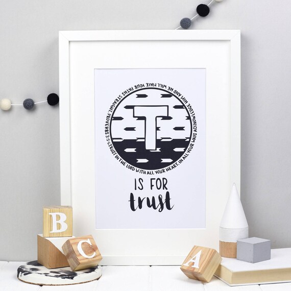 Letter T Monochrome Bible Alphabet Print Nursery Decor Children S Room Decor Christian Gift Faith Print Trust Proverbs 3 Scripture