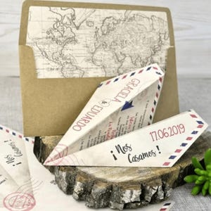 Paper Airplane Card Wedding Invitation: World Map Envelope Liner, Travel Theme
