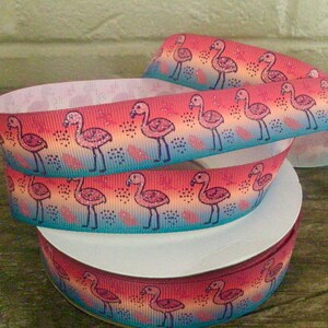 7/8” Flamingos on Beach Ombré Grosgrain Ribbon