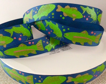 7/8” Lake Fish on Blue Grosgrain Ribbon