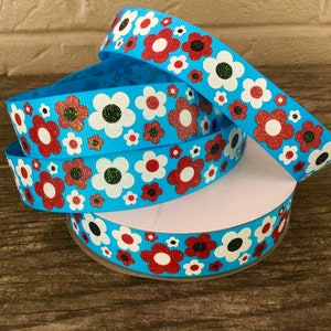 7/8” Summer Flowers on Blue Grosgrain Ribbon
