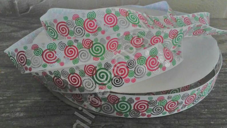 7/8 Christmas Red, Green and Silver Foil Swirls Grosgrain Ribbon image 1