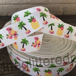 7/8” Parrots, Palm Trees and Pineapples on White Grosgrain Ribbon