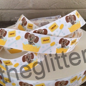7/8” Dogs in a Bathtub on White Grosgrain Ribbon