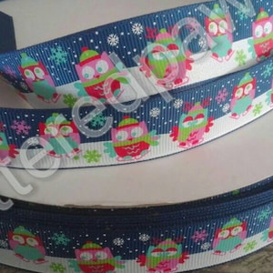 7/8&quot; Winter Owls on Navy Grosgrain Ribbon