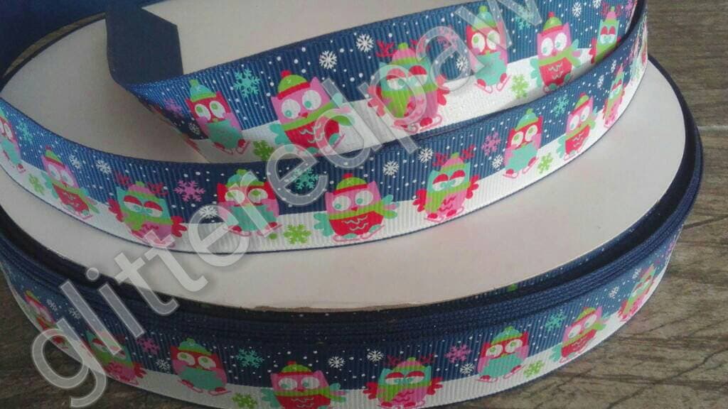 7/8" Winter Owls on Navy Grosgrain Ribbon