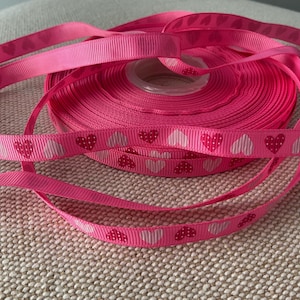 3/8” Valentine Pink Polka Dot Hearts on Hot Pink  Grosgrain Ribbon By The Yard