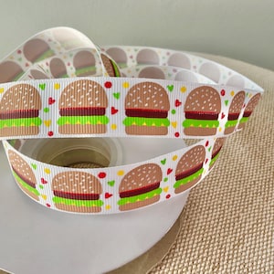 7/8” Hamburgers on White Grosgrain Ribbon By The Yard