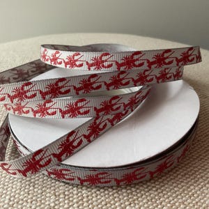 3/8” Nautical Red Lobsters on Grey Grosgrain Ribbon By The Yard