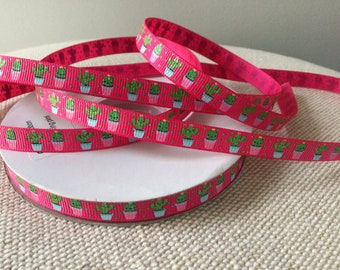 3/8” Mini Cactus on Shocking Pink Grosgrain Ribbon By The Yard